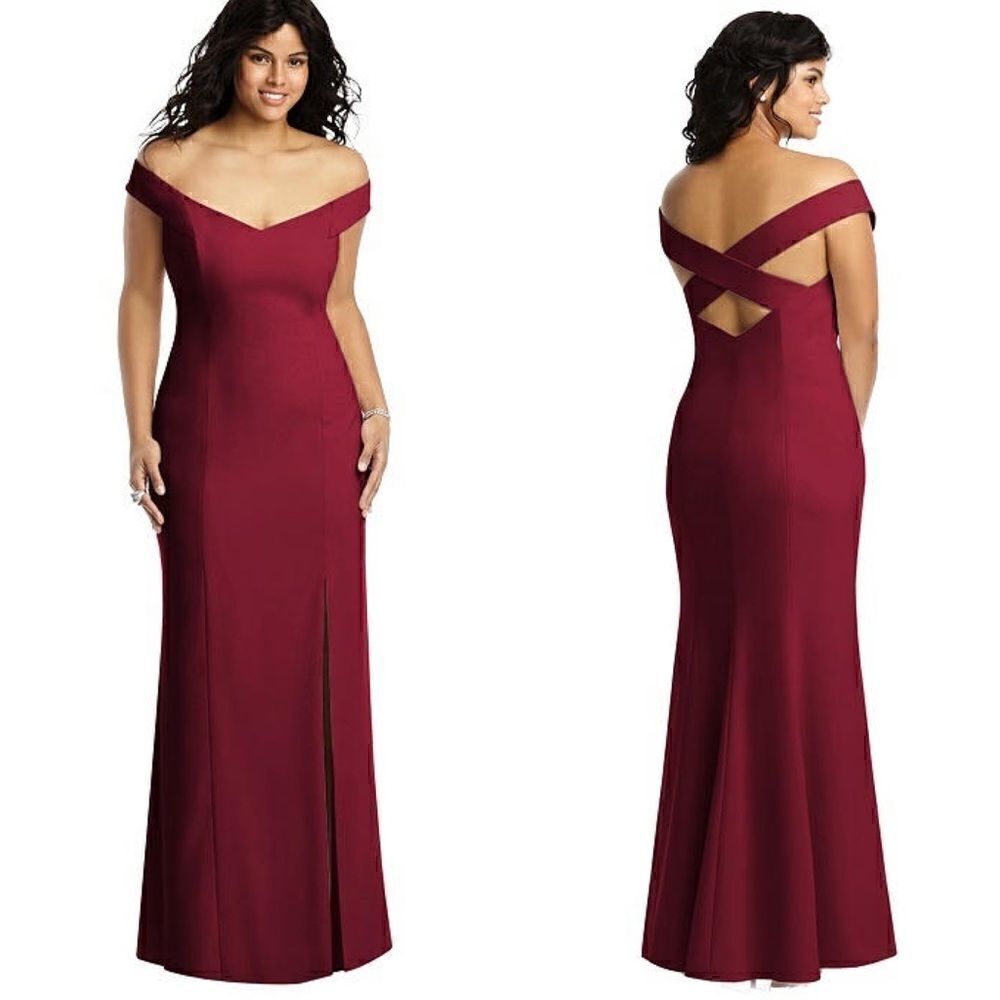 Dessy Collection Style 3012 Off-the-Shoulder Criss Cross Back Trumpet Gown NWOT